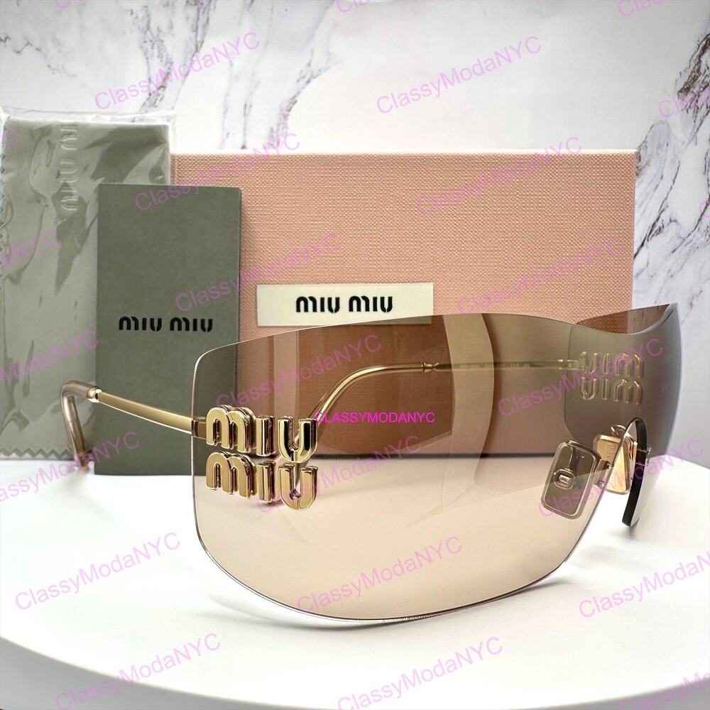 New MIU MIU Aube Sunglasses Gold Light Brown Mirror Bronze Rimless Wrap Womens
